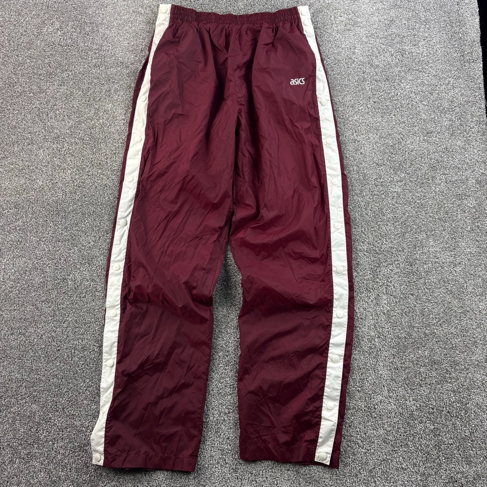 Vintage Asics Track Pants Mens M Burgundy Nylon Tearaway Warm Up Snap Leg